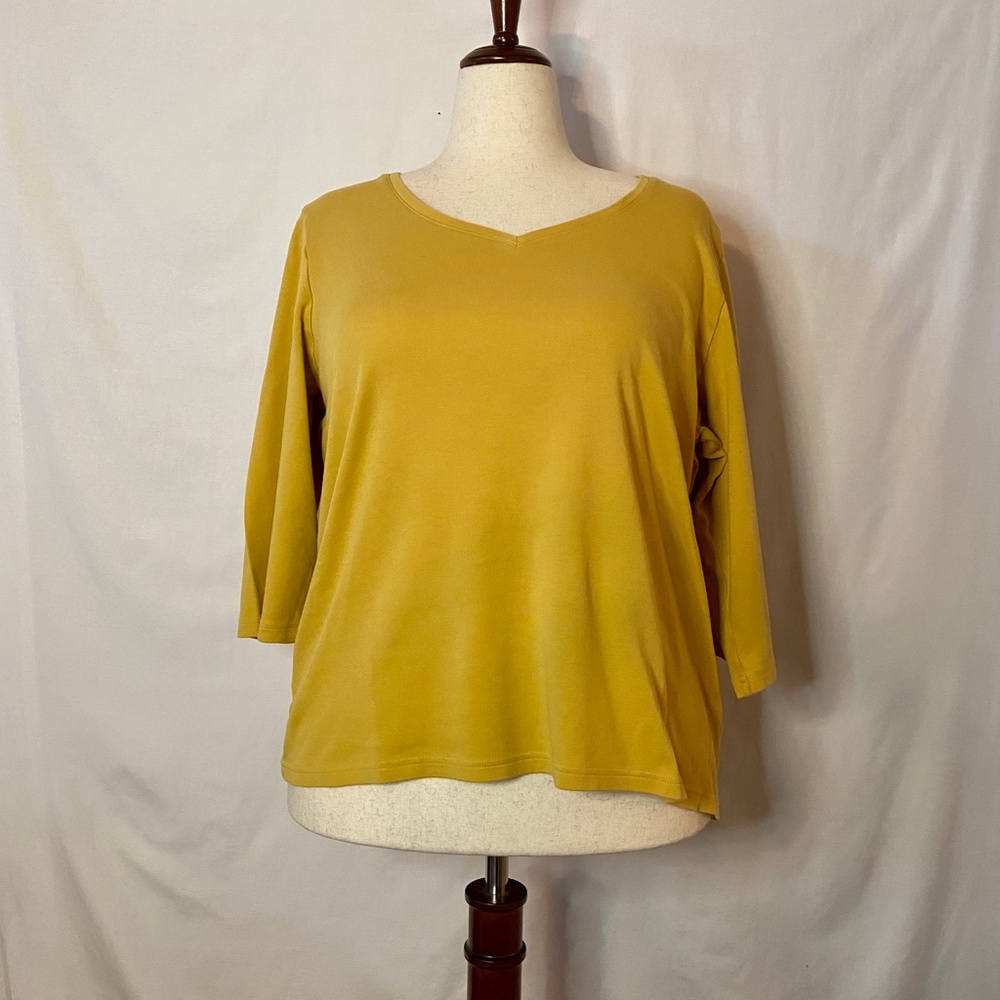 Karen Scott Woman Golden Yellow 3/4 Sleeve V Neck T-Shirt Size 2x